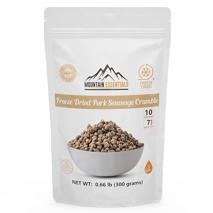 MOUNTAIN ESSENTIALS Freeze-Dried Pork Sausage Crumble – Fully Cooked & Ready to Eat | Traditional Flavor | Premium Quality Everyday Meals, Camping & Emergency Survival Food | 10 Servings | Made in USA | 7-Year Shelf Life