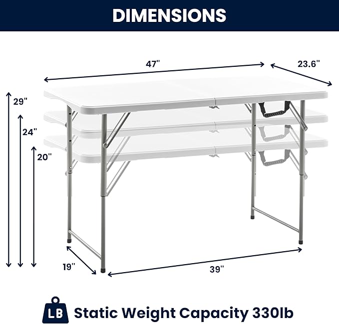 BTEXPERT Fold-in-Half Plastic 4ft Folding Utility Table Lightweight Adjustable Height Portable Carrying Handle Indoor Outdoor for Picnic Camping Office Home Party Wedding Easy to Clean Store White