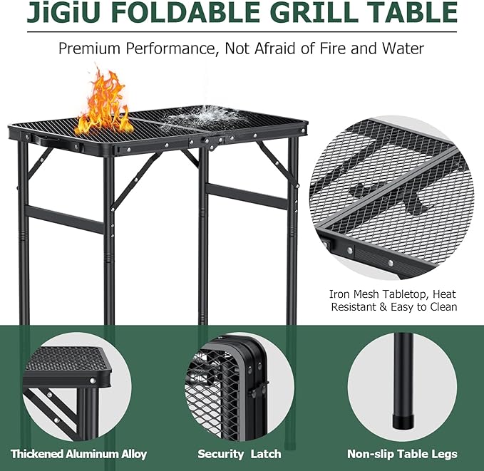 JiGiU Folding Grill Table with Mesh Desktop Lightweight & Portable Camping Table Outdoor Grill Tables Aluminum Alloy Foldable Grill Table 3 Height Adjustable for Camping Picnic Cooking BBQ