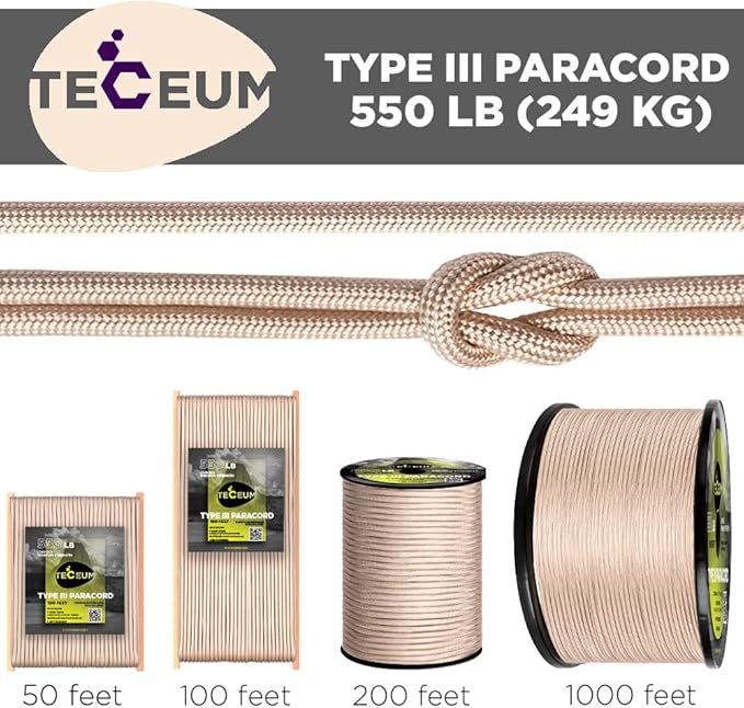 TECEUM 5/32" Paracord Rope 1000 – 1000ft / 200ft / 100ft / 50ft – Tactical Parachute Cord 4mm – 45+ Colors – Nylon String for Survival & Camping Gear – Stripe Cord for Survival – Utility Rope