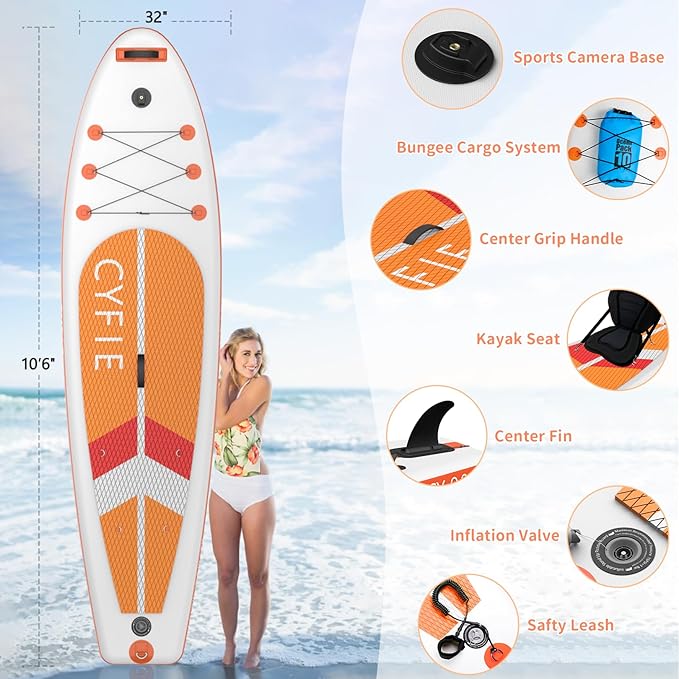 CYFIE 10'6''Inflatable Stand Up Paddle Board, Paddle Boards with Premium SUP Paddle Board Accessories, Removable Kayak Seat and Camera Mount for Yoga, Kayaking, Surf, Fishing