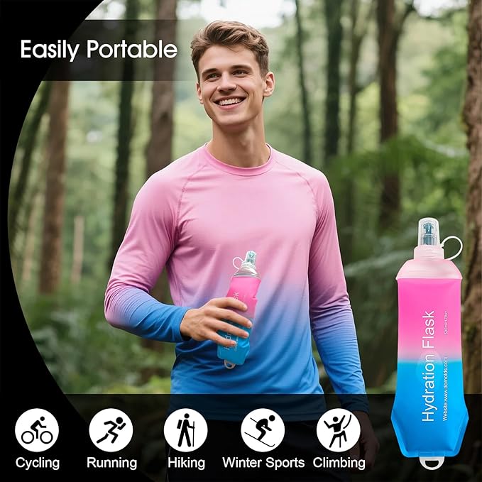 WILDREEDS 250ml Soft Flask, TPU Collapsible Soft Water Bottle for Hydration Pack, Running Vest, Folding Water Bottle for Hiking Cycling Climbing-1Pcs, Pink to Blue