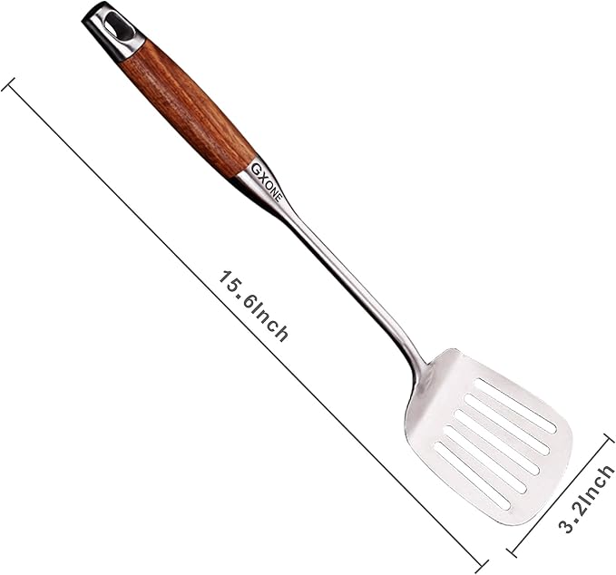 Metal Spatula,304 Stainless Steel Wok Spatula with Heat Resistant Wooden Handle,Silver/15.7Inch