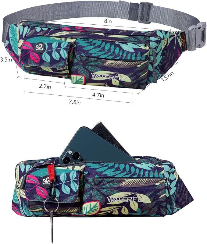 WATERFLY Fanny Pack Slim Soft Polyester Water Resistant Waist Bag for Man Women Carrying iPhone Xs / 8 Plus Samsung S10 Plus/Note 8 (Blue Leaf)