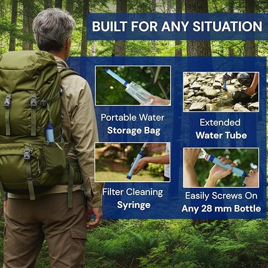 Personal Water Filter - Emergency Water Filter Straw, Portable Water Filtration System - 400 Gallon Capacity for Camping, Hiking, Backpacking & Travel - Includes 480ML Reservoir & Tube (3)