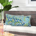 Magpie Fabrics Pack of 2 Outdoor Lumbar Pillow Case Covers 12"x20", Waterproof Rectangular Throw Pillowcase Shell Decorative Sham for Patio Garden Couch - Paisley Lapis Green