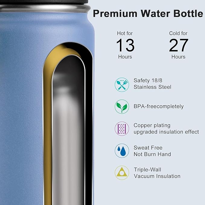 koodee 26 oz Water Bottle Stainless Steel Double Wall Vacuum Insulated Wide Mouth Water Bottle, Metal Sports Bottle with Leakproof Spout Lid (Royal Blue)