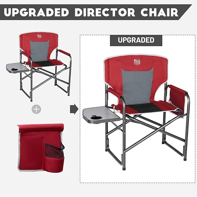 TIMBER RIDGE Aluminum Oversized Camping Chair, Lightweight Portable Directors Chair with Side Table Detachable Side Pocket for Outdoor Camping, Lawn, Picnic, Support 400lbs Red 2 Pack