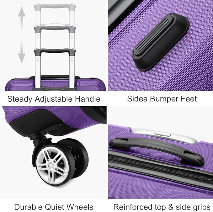 Kono 4 Piece Luggage Sets Expandable(only 28") Lightweight with Spinner Wheels TSA Lock Hardside Travel Rolling Suitcases 20in 24in 28in Carry on and 12in Mini Cosmetic Case Purple
