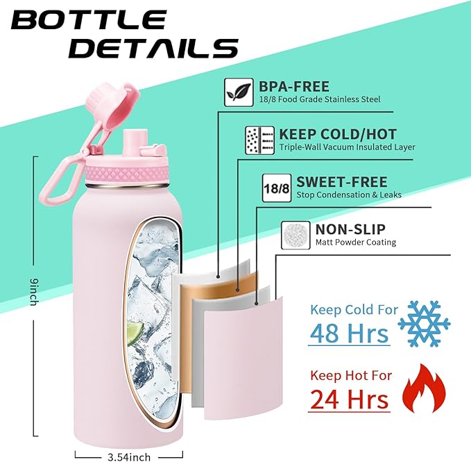 32 OZ Water Bottles with Straw, Storage Carrier Bag, Paracord Handle & Chug Lid, BPA-free Vacuum Insulated Water Bottle 32oz, Keep Cold 48Hrs & Hot 24Hrs, Stainless Steel Hydro Sports Office Travel