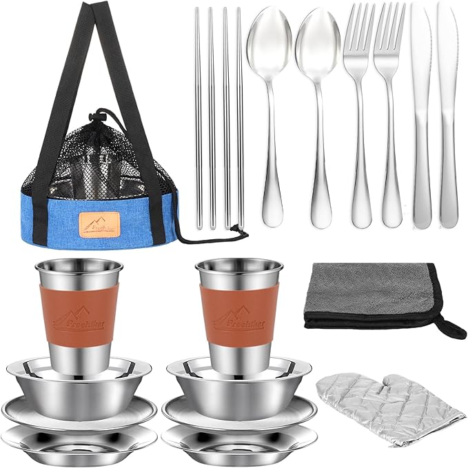 Camping Mess Kit - 1 to 2 persons Camping Dishes includes Cups, Bowls, Knives, Forks, Spoons, Camping Dinnerware Set Camping Cooking Utensils Accessories Plates Dinnerware Set