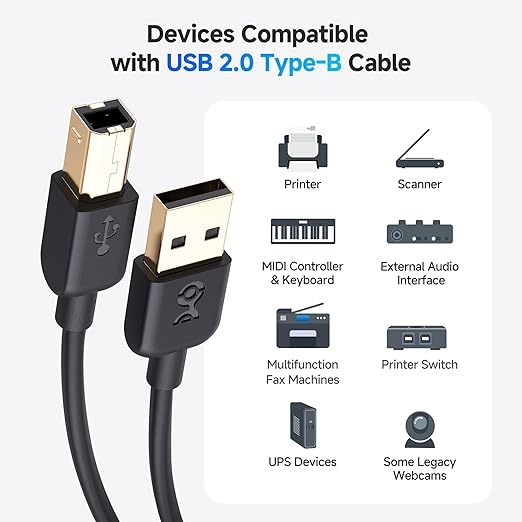 Cable Matters USB Printer Cable - 6ft, USB A to B Cable, Compatible with Printer, External Hard Drive, Audio Interface, Scanner, MIDI Controller, MIDI Keyboard, Black
