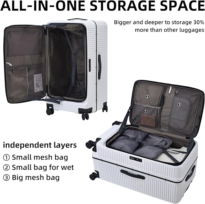 29 Inch Aluminum Checked Luggage with Side Opening Zipper, 40 * 37 * 77cm, 113L, Lightweight Hardshell ABS+PC Suitcase with TSA Lock, 360° Universal Wheels, White