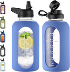CIVAGO 64 oz Glass Water Bottle Jug with Straw and Handle, Half Gallon Sports Motivational Water Bottle with Time Marker, Wide Mouth Water Flask Canteen with Silicone Sleeve for Gym, Wave Blue
