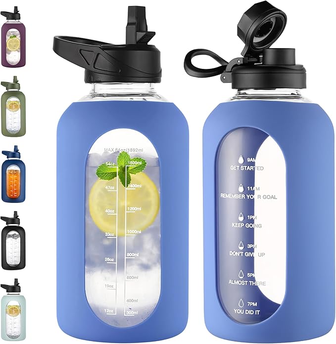 CIVAGO 64 oz Glass Water Bottle Jug with Straw and Handle, Half Gallon Sports Motivational Water Bottle with Time Marker, Wide Mouth Water Flask Canteen with Silicone Sleeve for Gym, Wave Blue
