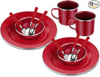 Nuogo 12 Pcs Enamel Camping Tableware Set Dinnerware Kit Includes 12 oz Coffee Mugs Camping Plates Bowls and Utensils Set with Knife Fork Spoon for 2 People Hiking Picnic Outdoor