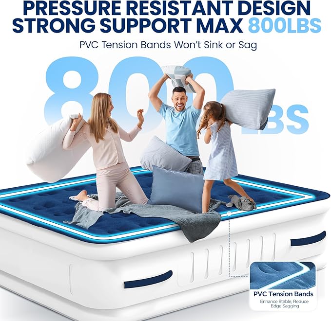 KINGJERRY Queen Air Mattress with Built in Pump, 4 Portable Handles, 18" Raised Comfort, Leak-Tested, Anti-collapse Design, 3 Mins Inflation, 800lb Support Inflatable Mattress for Home Guest & Camping