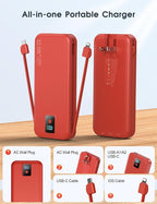 Portable Charger, 12000mAh 22.5W Fast Charging Power Bank with Built-in Cables & Wall Plug, Travel Essential Battery Pack with LED Display, USB C Battery Phone Charger for iPhone, iPad, Samsung Red