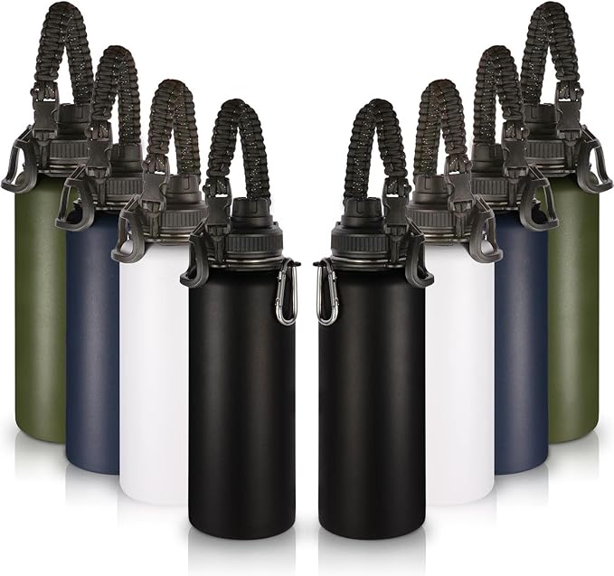 Volhoply Insulated Water Bottles Bulk 8 Pack, 40 oz Stainless Steel Bottle with Paracord Handle & Spout Lid, Double Walled Vacuum Travel Water Cup with Wide Mouth,Reusable Large Water jug(Mix,8 Set)