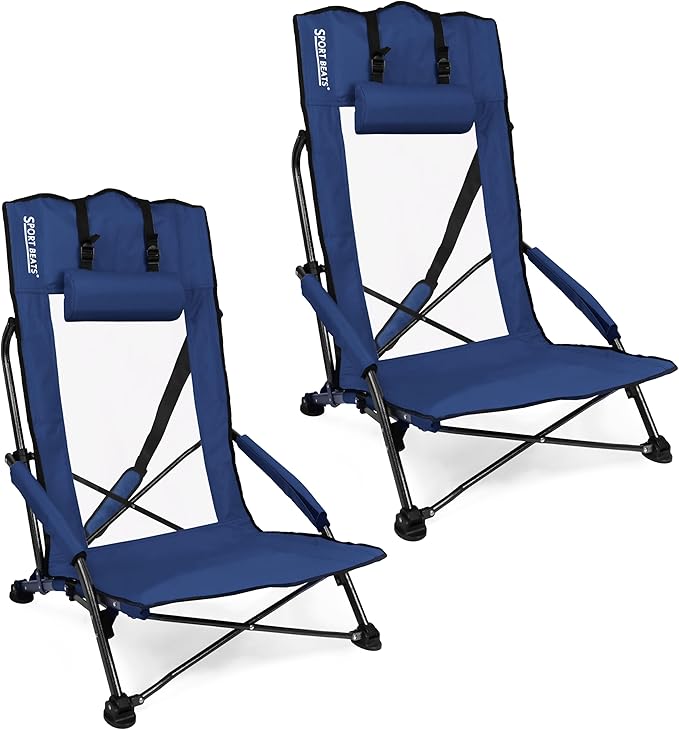 SPORT BEATS Low Beach Chairs Set of 2 Folding Beach Chairs High Back Support with Head Pillows Shoulder Straps