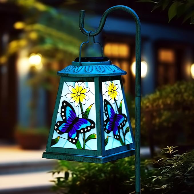 Solar Lantern with Shepherd Hook, Hanging Lantern with LED Lights, Outdoor Waterproof Solar Lanterns Metal Lamp Decoration Garden Patio Yard Pathway, Gifts for Mom Grandma Women, Butterfly