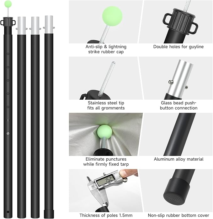 KOMCLUB Tarp Poles Telescoping Tent Poles Replacement Canopy Adjustable Aluminum Rods Camping Accessories Heavy Duty Pole Thicker Lightweight for Hiking Awning Backpacking+Tent Stakes+Reflective Ropes