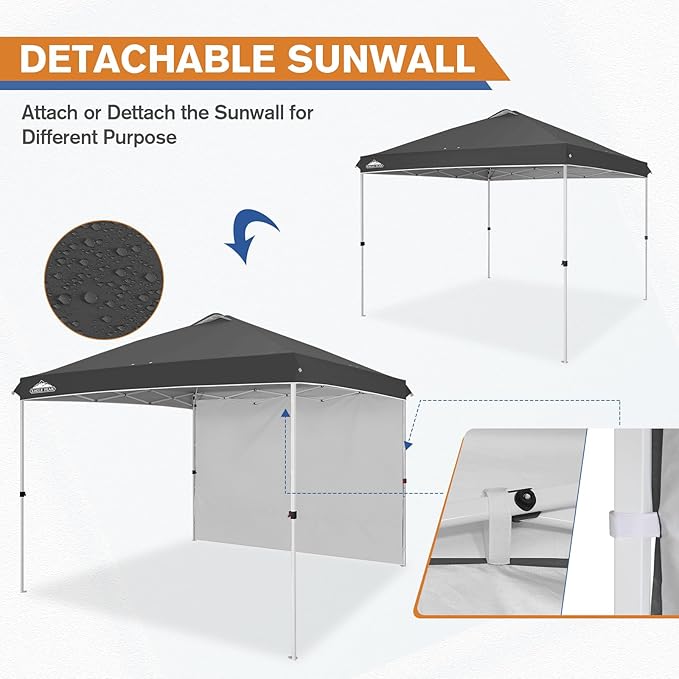 EAGLE PEAK Pop Up Canopy Tent with 1 Sidewall, Easy Setup Event Tent, Outdoor Sun Shade, Wheeled Carry Bag, Stakes and Guy Ropes, Instant Canopy 10x10, Gray