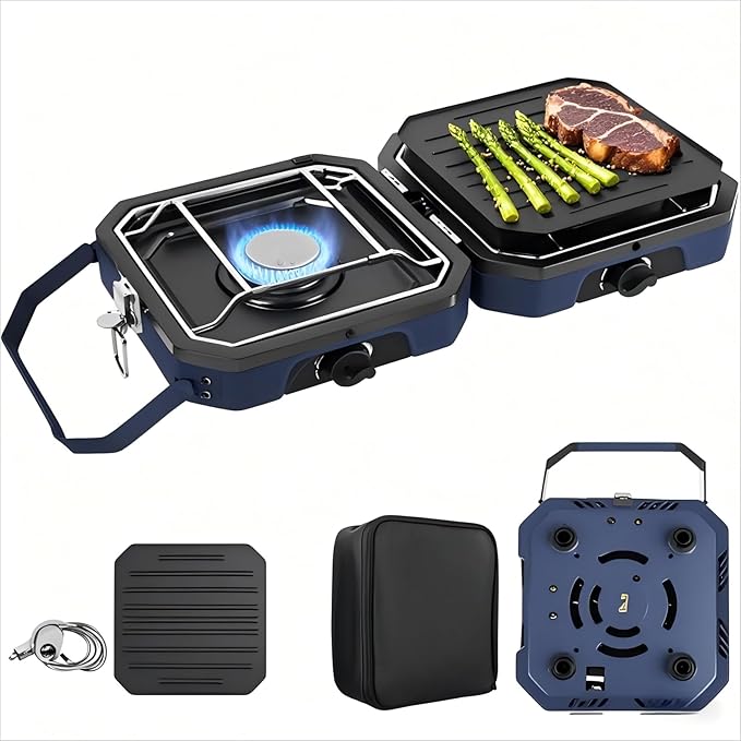Adjustable 2-Burner Portable Stove with 16000 BTU, with Camping Grill and Carrying Bag, Portable Propane Camp Stove with 2 Burners & Piezo Ignition for Camping, Backyard BBQ,Tailgating (Blue)