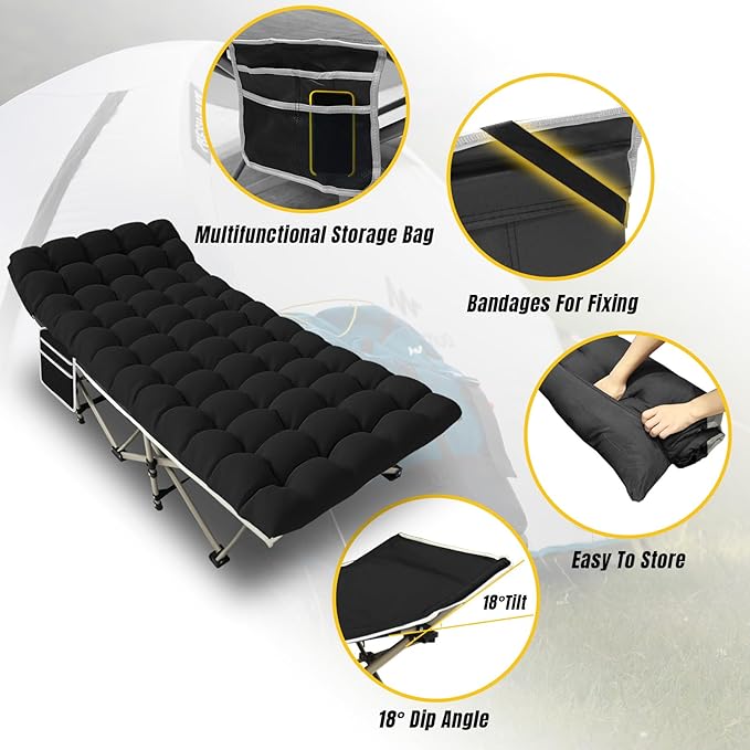 YELLOW JACKET Folding Camping Cot for Adults,600LBS Max Load,28" Wide Sleeping Cot with Removable Thick Mattress Portable Foldable Camping Bed with Carry Bag for Camp,Home,Office,Travel,Black
