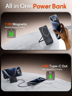 0.3" Ultra Slim Magnetic Power Bank, 5000mAh Wireless Portable Charger with Foldable Stand and USB C Cable, Fast Charging Magnetic Battery Pack Compatible with iPhone 16/15/14/13/12,Travel Essentials
