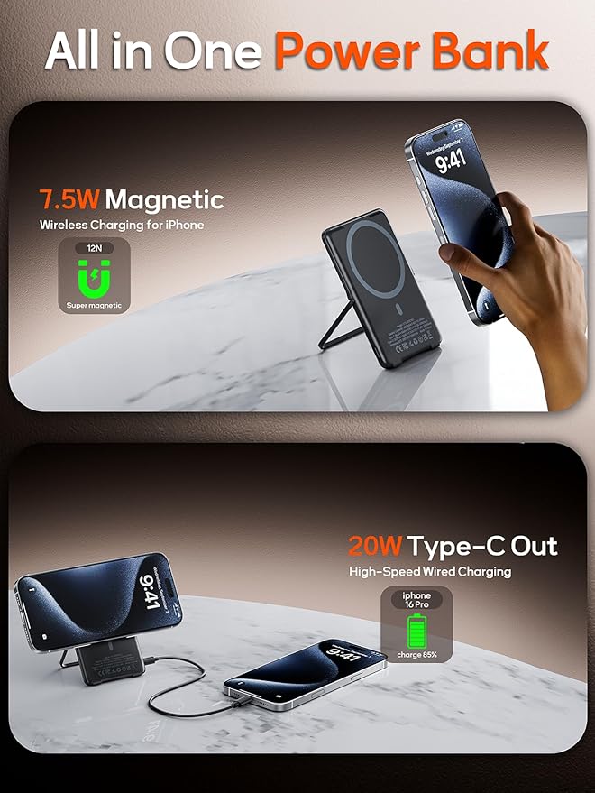0.3" Ultra Slim Magnetic Power Bank, 5000mAh Wireless Portable Charger with Foldable Stand and USB C Cable, Fast Charging Magnetic Battery Pack Compatible with iPhone 16/15/14/13/12,Travel Essentials