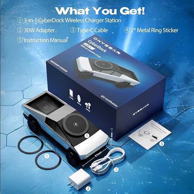 CyberDock 3-in-1 Wireless Charging Station for iPhone with Car Model 1:25 Scale, Qi2 Certified Mag-Safe Charger for iPhone iWatch AirPods, Rotating Charger with Ambient Light, 30W Adapter, Sliver