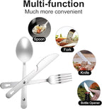 KINLINK 4-in-1 Camping Utensils 3-Pack, Portable Stainless Steel Spoon, Fork, Knife & Bottle Opener Combo Set, Travel/Camping/Hiking/Picnic/Barbecue/Outdoor Backpacking Utensils with Carrying Bag