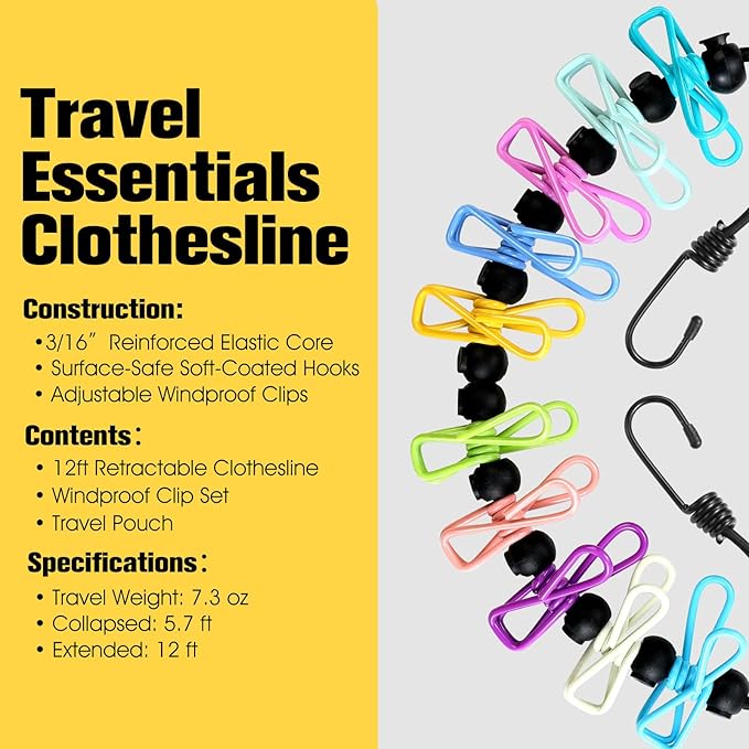 Clothesline Camping Essentials, Elastic Travel Clothes Line Camping Gear for Outdoor Glamping, Cruise and RV Must Haves, 2 Count