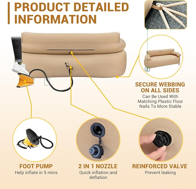 KingCamp Double Inflatable Couch for Camping, Portable Foldable Eco-Friendly Reach-Certified PVC Liner Air Lounger 2-Person Blow Up Sofa with Foot Pump, Pegs, Repair Kit & Removable Cover