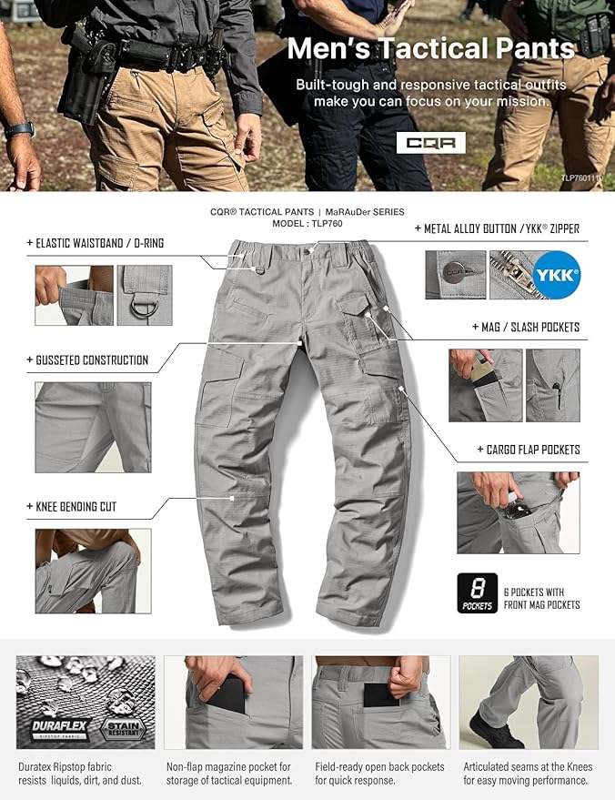 CQR Men's Flex Ripstop Tactical Pants, Water Resistant Stretch Cargo Pants, Lightweight EDC Hiking Work Pants