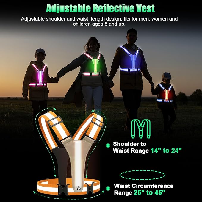 LED Reflective Vest Running Gear, 5 Colors Lights Up Running Vest for Night Walking Cycling Jogging, Adjustable Size for Men Women Kids, Rechargeable and High Visible