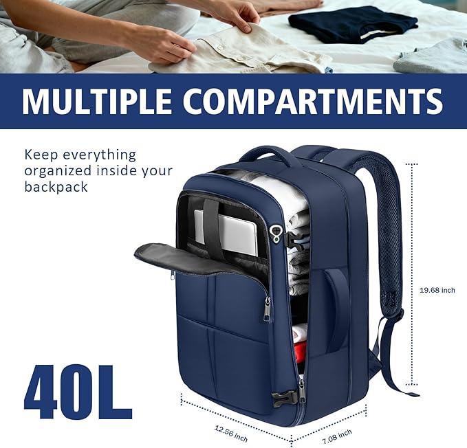 Travel Backpack, Extra Large 50L Flight Approved Carry on Backpack, Expandable Waterproof Business Suitcase Daypack Big Bag Fits 18.4 Inch Laptop, Blue