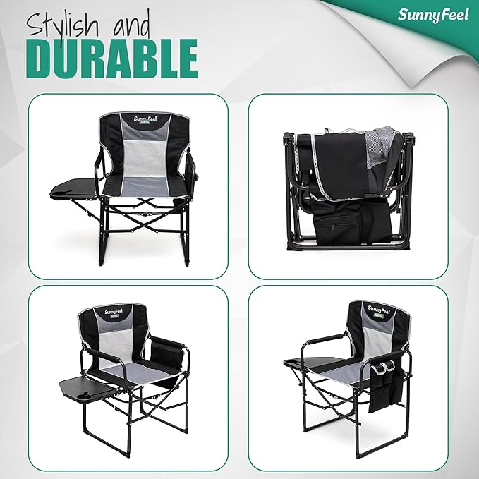 SUNNYFEEL Oversized Camping Directors Chair 500 LBS Heavy Duty, Portable Folding Chair with Side Table, Pocket for Beach, Fishing,Trip,Picnic,Lawn,Concert Outdoor Foldable Camp Chairs