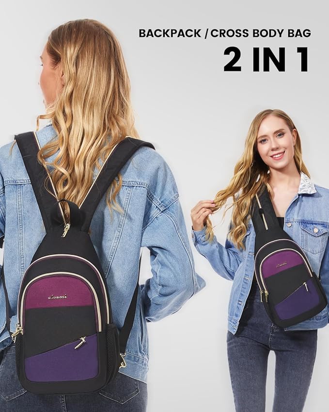 LOVEVOOK Sling Bag for Women, Sling Backpack Crossbody Bag Convertible, Small Diaper Bag Hiking Daypacks Water-resistant, Travel Shoulder Bag Chest Bag, Black Blue Purple