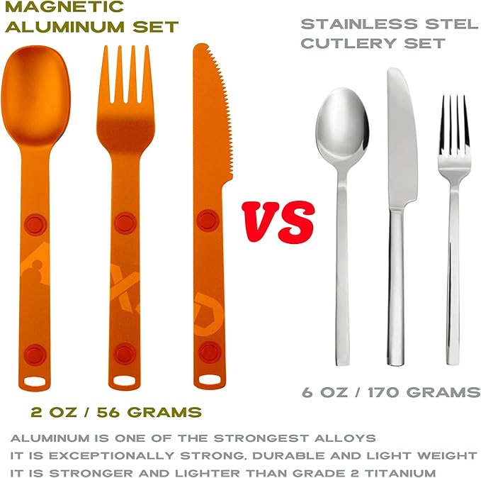 Magnetic Camping Utensils Set, Portable & Reusable Metal Travel Flatware, Camping Cutlery Set, Knife, Fork & Spoon, 3-PACK, Orange