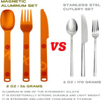 Magnetic Camping Utensils Set, Portable & Reusable Metal Travel Flatware, Camping Cutlery Set, Knife, Fork & Spoon, 3-PACK, Orange