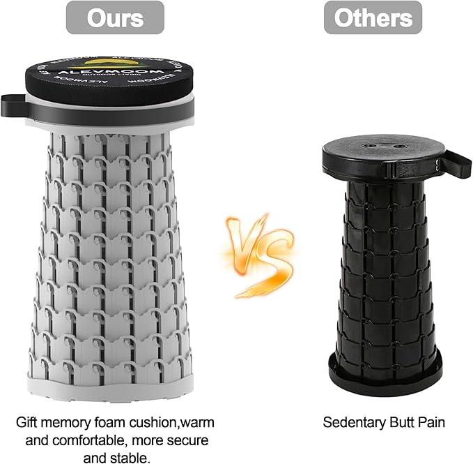 ALEVMOOM Upgraded Portable Collapsible Stool with Cushion, Telescoping Folding Stool for Adults, Lightweight Yet More Sturdy Capacity 600 lbs for Camping Fishing Hiking BBQ