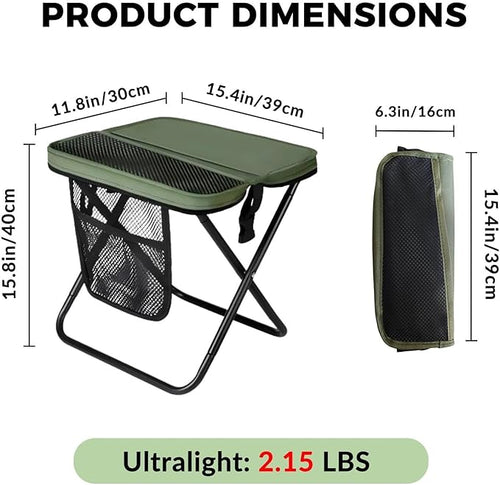 16" Portable Collapsible Stool - Folding Chair with Storage Pouch, Convertible Satchel for Hands-Free Carry & Supports 300Lbs, Ultralight for Hiking, Fishing, Camping, Festivals (Green, Large)