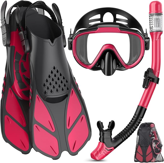 Snorkeling Gear for Adults Men Women,4 in 1 Snorkel Set with Panoramic View Diving Mask Anti-Fog Anti-Leak,Dry Top Snorkel,Fins and Travel Bag for Swimming,Snorkeling and Travel Diving