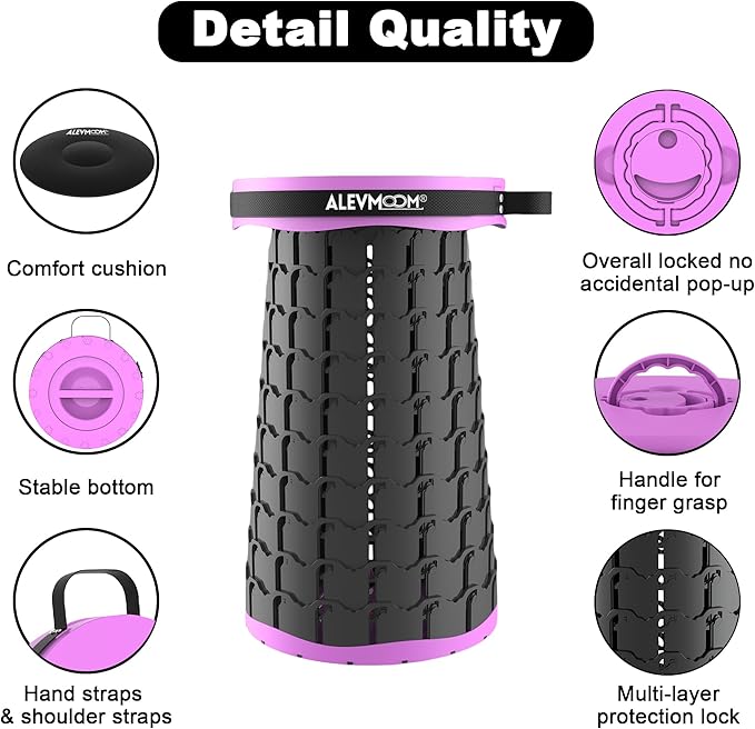 ALEVMOOM Upgraded 19.7" XXL Collapsible Stool with Cushion, Portable Telescoping Stool Capacity 1000lbs Heavy Duty Retractable Folding Chair for Adults for Camping Fishing Hiking BBQ