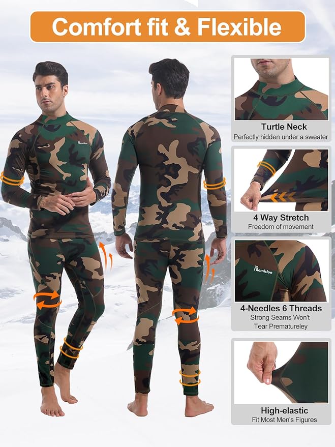 romision Thermal Underwear for Men Long Johns Fleece Lined Hunting Gear Bottom Top Set Base Layer for Cold Weather Gift