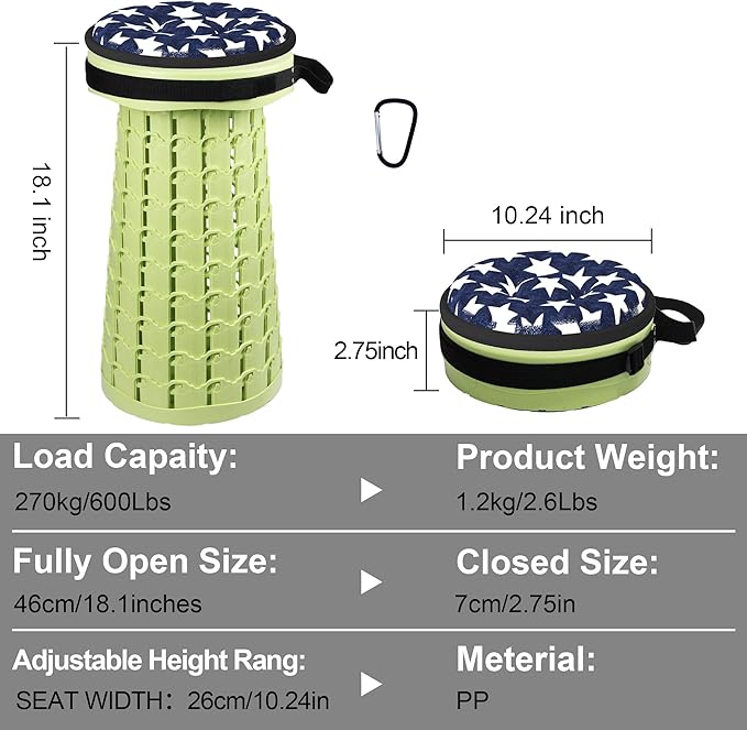 ALEVMOOM Upgraded Collapsible Stool with Thickened Cushion 18.1",600Lbs Max Weight Wider & Taller Pop Up Stool, Heavy Duty Portable Retractable Folding Chair or Travel Foot Rest for Camping & Outdoors