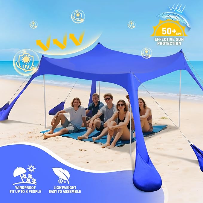 2PM SPORTS Beach Tent Canopy with UPF50+ UV Protection, Outdoor Large Beach Sun Shade Shelter for Family Picnic Camping Travel Shore Fishing, 8 Sandbags, Sand Shovel (Navy Blue, 10x10 FT)