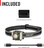 Coast FL95R 1250 Lumen Rechargeable Plus LED Headlamp with Green, Red and Area Light Modes and Glide Focus